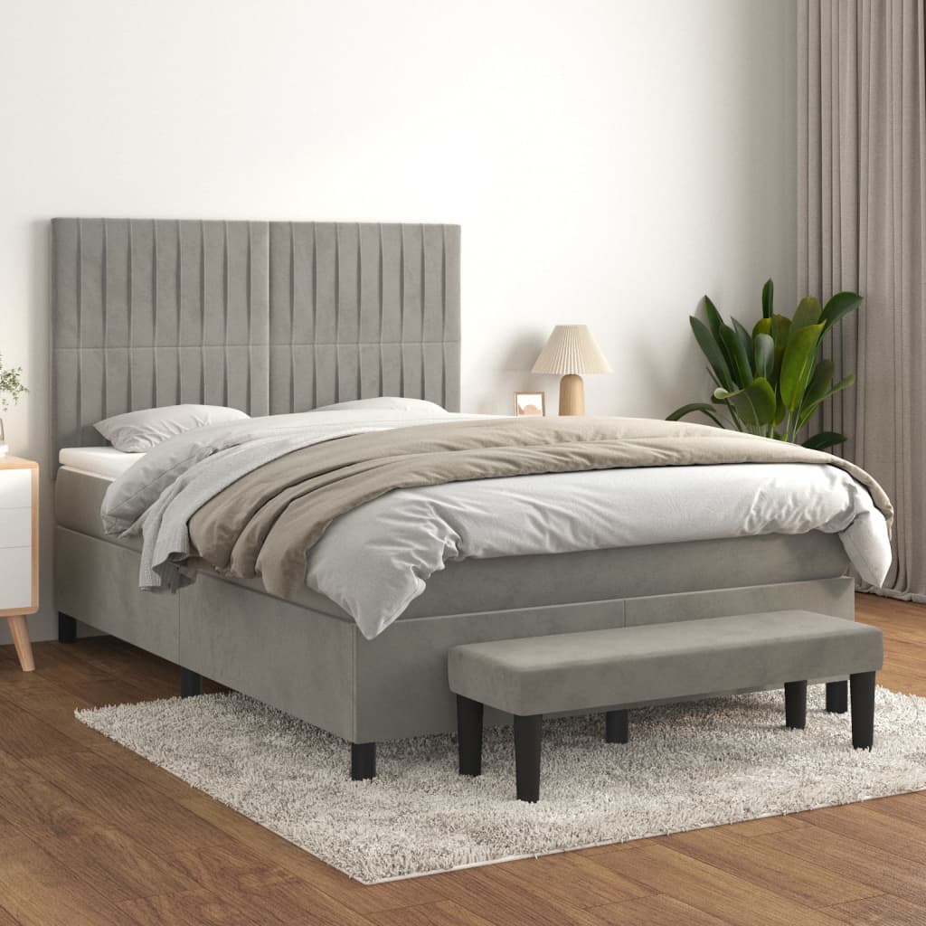 Boxspring Met Matras Fluweel Lichtgrijs 140 x 200 cm Verticale strepen
