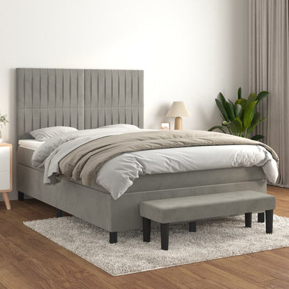 Boxspring Met Matras Fluweel Lichtgrijs 140 x 200 cm Verticale strepen