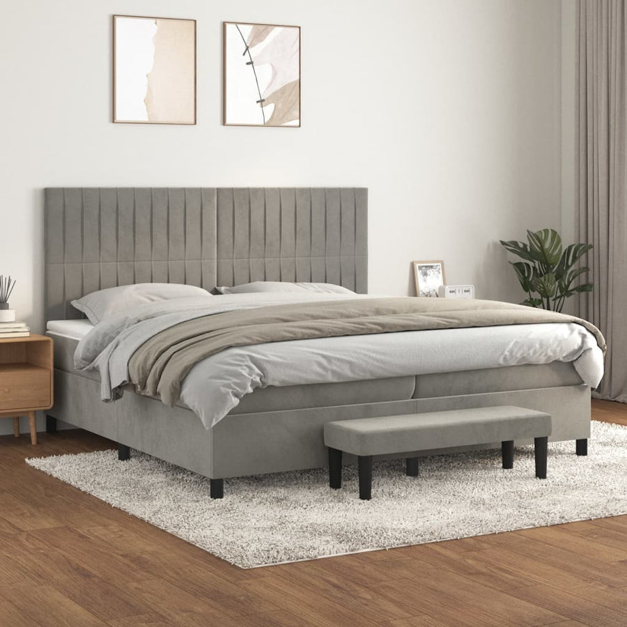 Boxspring Met Matras Fluweel Lichtgrijs 200 x 200 cm Verticale strepen