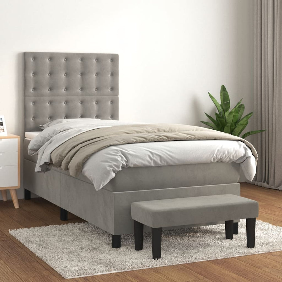 Boxspring Met Matras Fluweel Lichtgrijs 90 x 190 cm Knopen