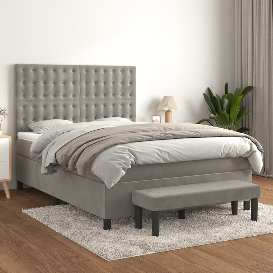 Boxspring Met Matras Fluweel Lichtgrijs 140 x 190 cm Knopen