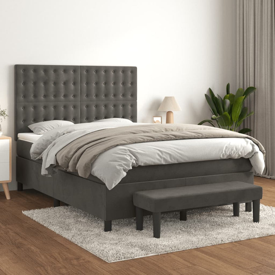Boxspring Met Matras Fluweel Donkergrijs 140 x 190 cm Knopen