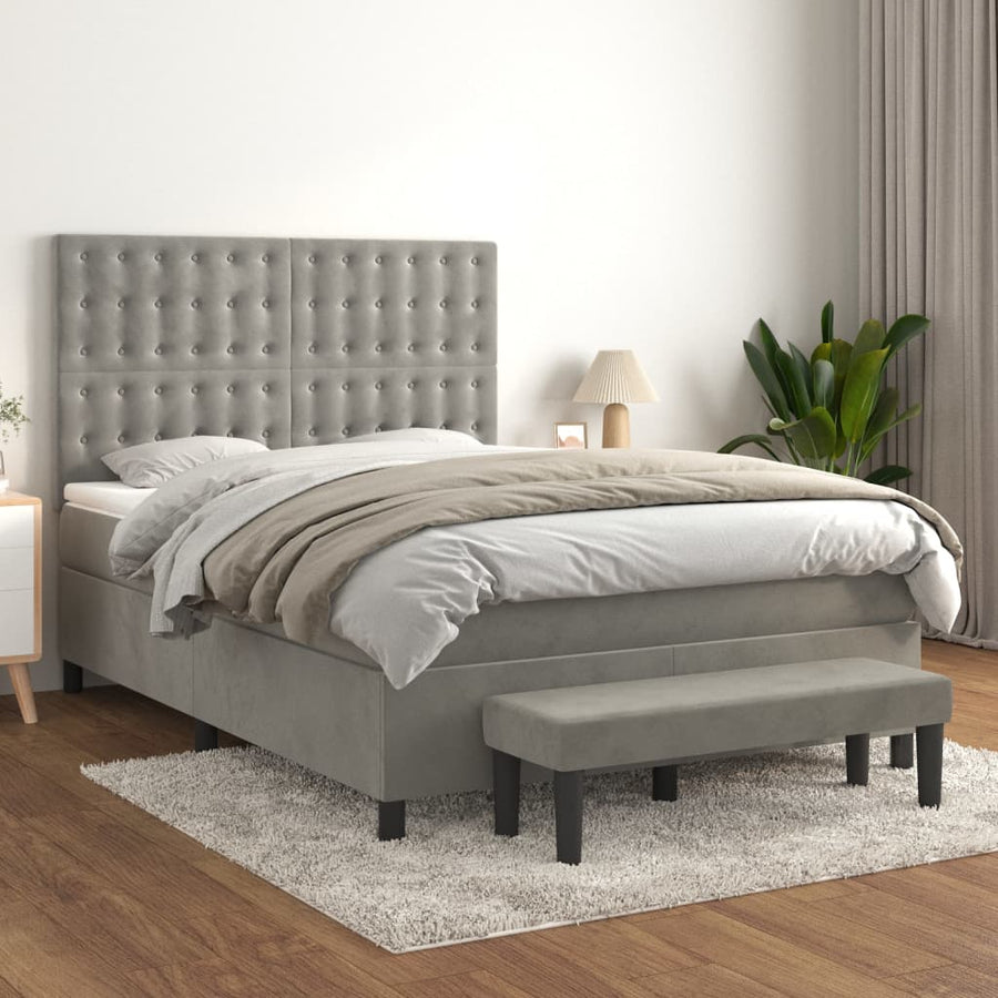 Boxspring Met Matras Fluweel Lichtgrijs 140 x 200 cm Knopen
