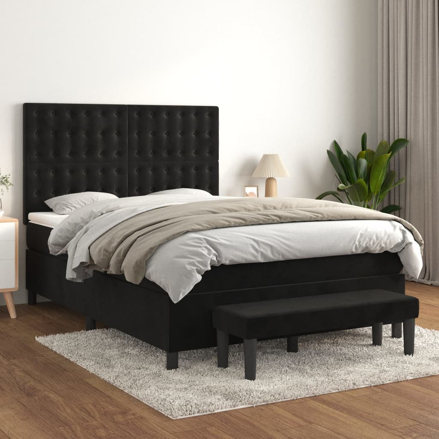 Boxspring Met Matras Fluweel Zwart 140X200 Cm Zwart 140 x 200 cm Knopen