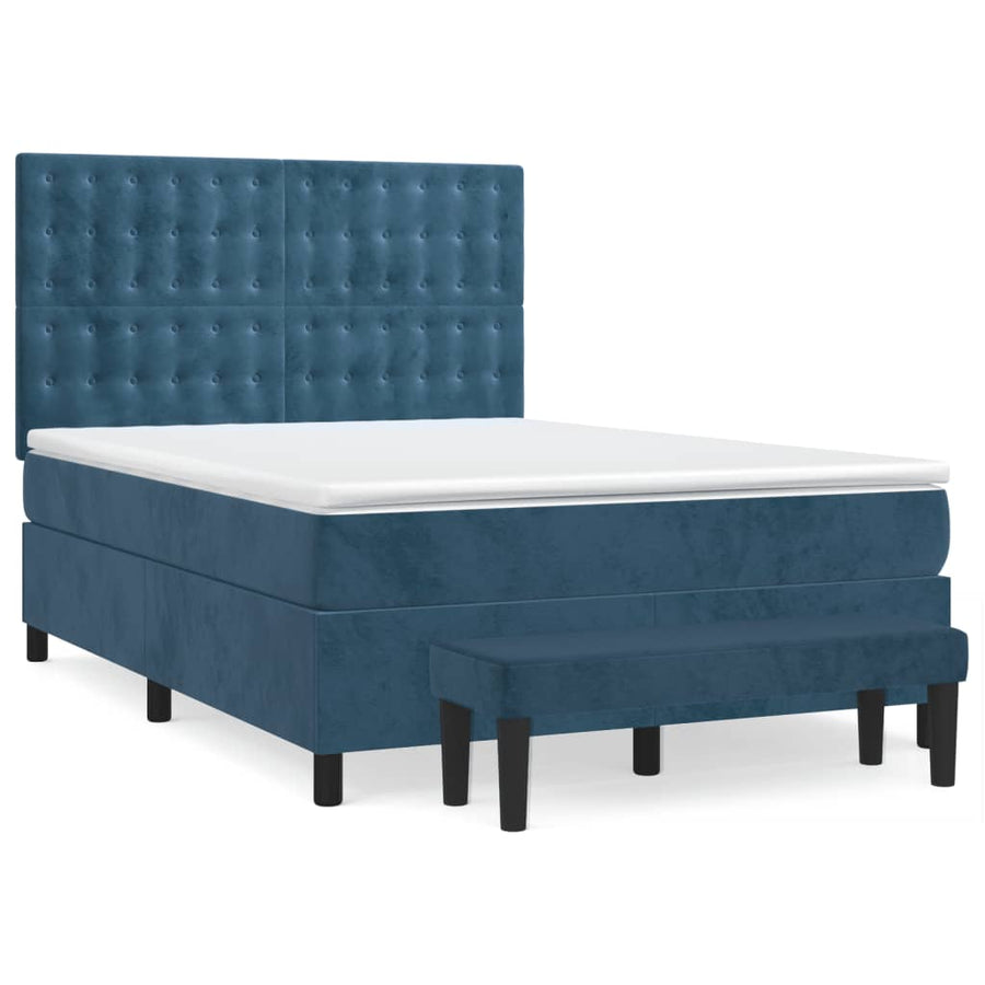 Boxspring Met Matras Fluweel Donkerblauw 140 x 200 cm Knopen
