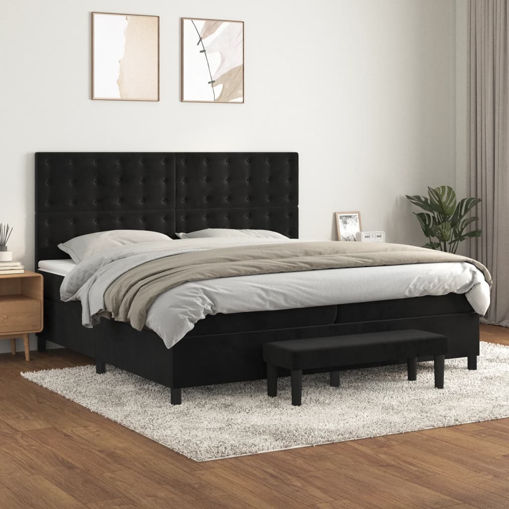 Boxspring Met Matras Fluweel Zwart 200 x 200 cm Knopen