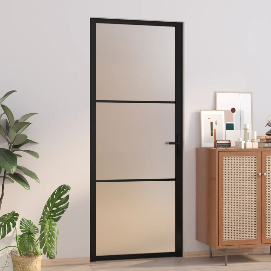 Binnendeur 83X20,5 Cm Glas En Aluminium Zwart En Mat 83 x 201.5 cm 2 horizontale stangen
