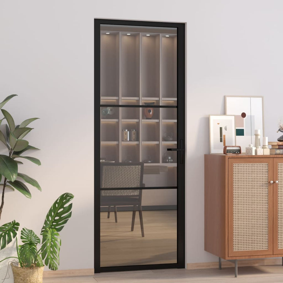 Binnendeur 76X20,5 Cm Esg-Glas En Aluminium Zwart En Donkertransparant 76 x 201.5 cm 2 horizontale stangen