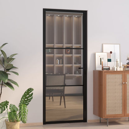 Binnendeur 83X20,5 Cm Esg-Glas En Aluminium Zwart En Donkertransparant 83 x 201.5 cm 2 horizontale stangen