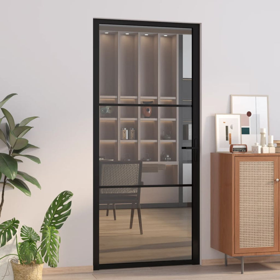 Binnendeur 93X20,5 Cm Esg-Glas En Aluminium Zwart En Donkertransparant 93 x 201.5 cm 2 horizontale stangen