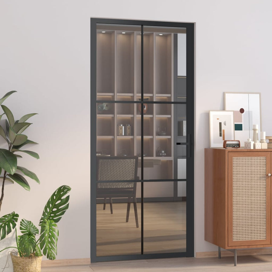 Binnendeur 93X20,5 Cm Esg-Glas En Aluminium Zwart En Donkertransparant 93 x 201.5 cm 3x2 raster