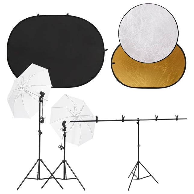 Fotostudioset Met Lichtset, Achtergrondscherm En Reflector Zwart 201 x 60 x (70-200) cm met reflector