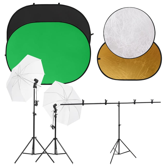 Fotostudioset Met Lichtset, Achtergrondscherm En Reflector Zwart En Groen 201 x 60 x (70-200) cm met reflector