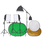 Photo studio set with lighting kit, background screen, and reflector