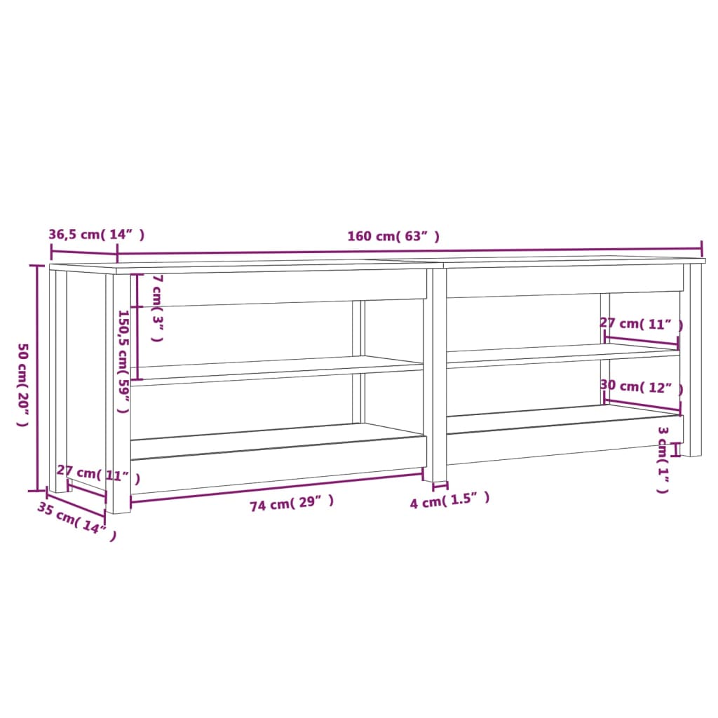 Schoenenbank 60X36,5X50 Cm Massief Grenenhout Wit