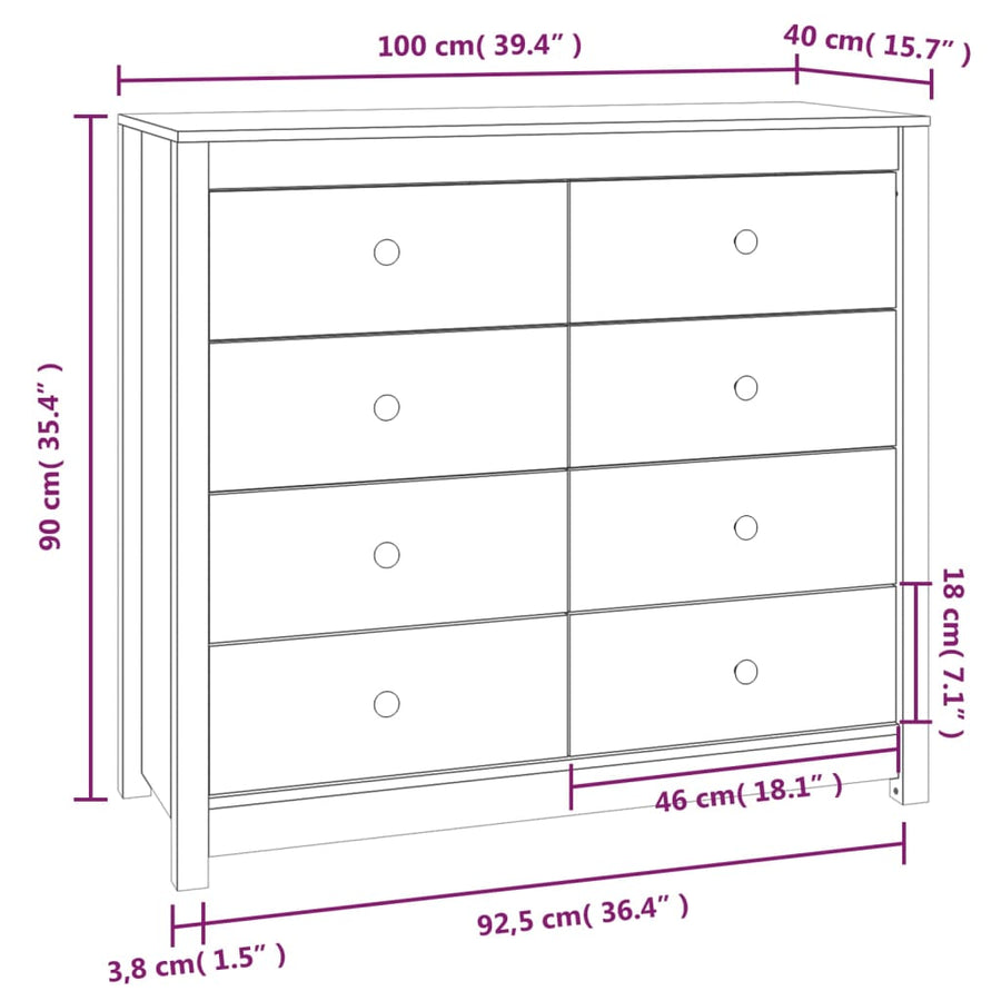 Dressoir 100X40X90 Cm Massief Grenenhout Wit