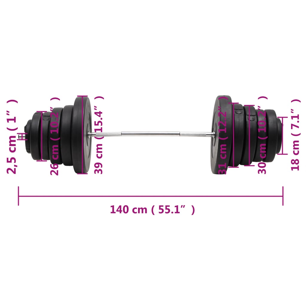 Halter Met Gewichten 90 Kg 2x 7.5 kg + 4x 5 kg + 2x 1.25 kg + 2x 15 kg