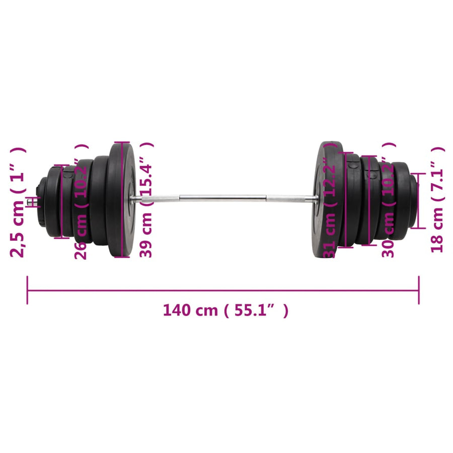 Halter Met Gewichten 90 Kg 2x 7.5 kg + 4x 5 kg + 2x 1.25 kg + 2x 15 kg