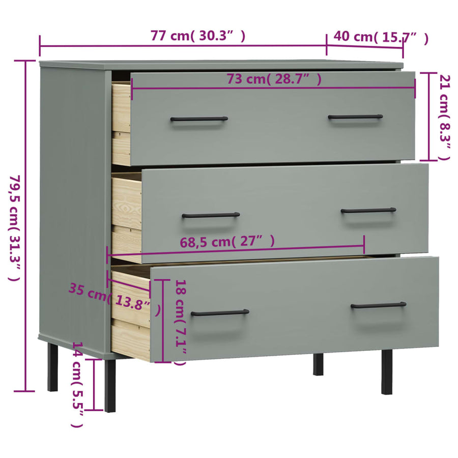 Dressoir Met 3 Lades Oslo 77X40X79,5 Cm Massief Hout Grijs