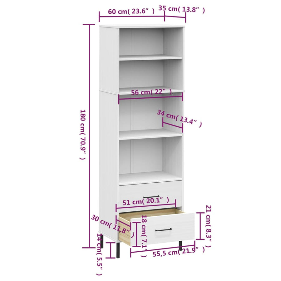 Boekenkast met 2 lades OSLO 60x35x180 cm massief hout wit