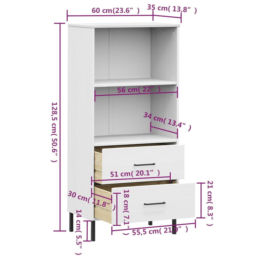 Boekenkast Met 2 Lades Oslo 60X35X128,5 Cm Massief Hout Wit