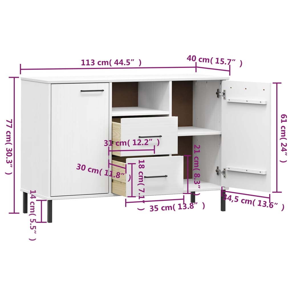 Dressoir Met Metalen Poten Oslo 113X40X77 Cm Grenenhout Wit