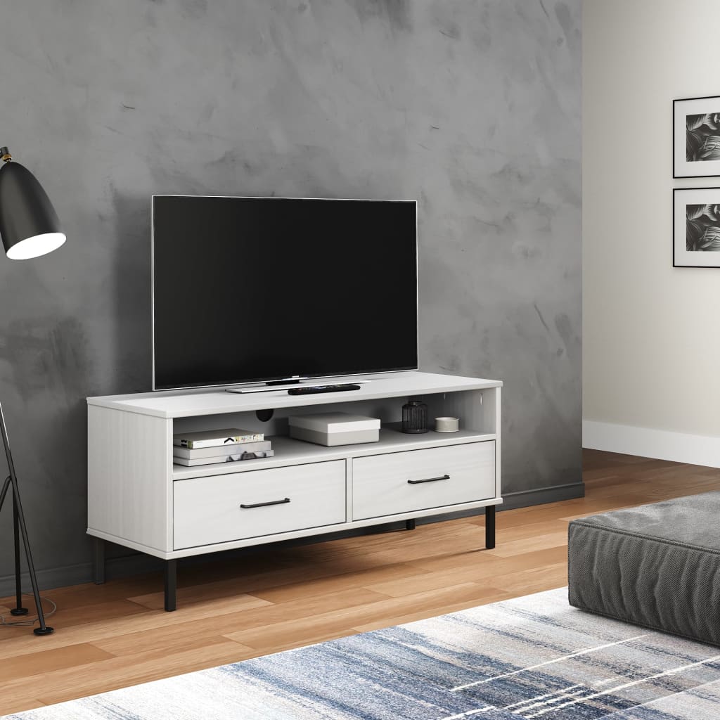 Tv-Meubel Met Metalen Poten Oslo Massief Grenenhout Wit