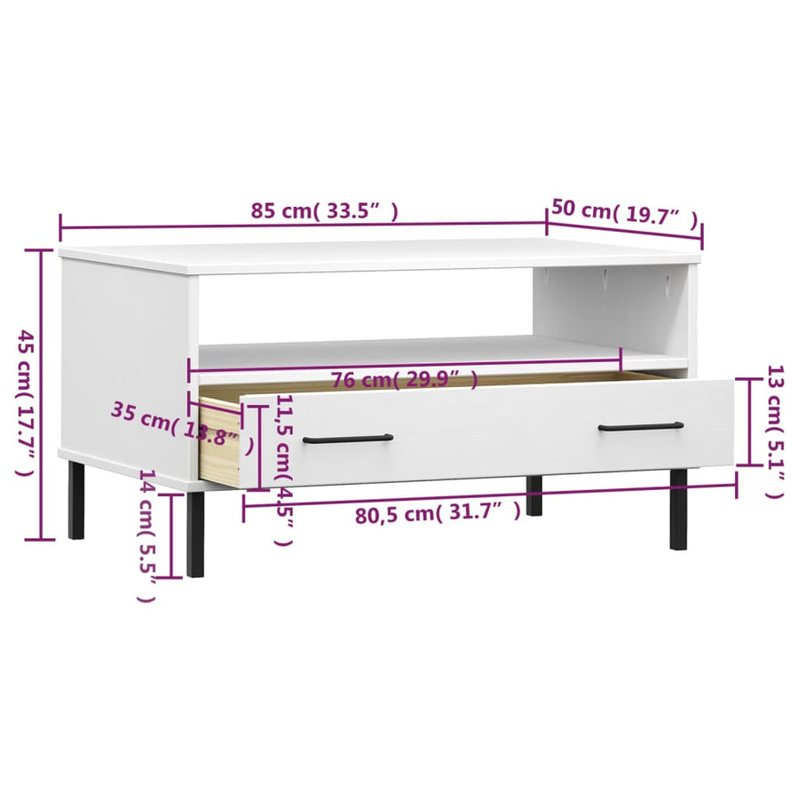 Salontafel Met Metalen Poten Oslo 85X50X45 Cm Masssief Hout Wit