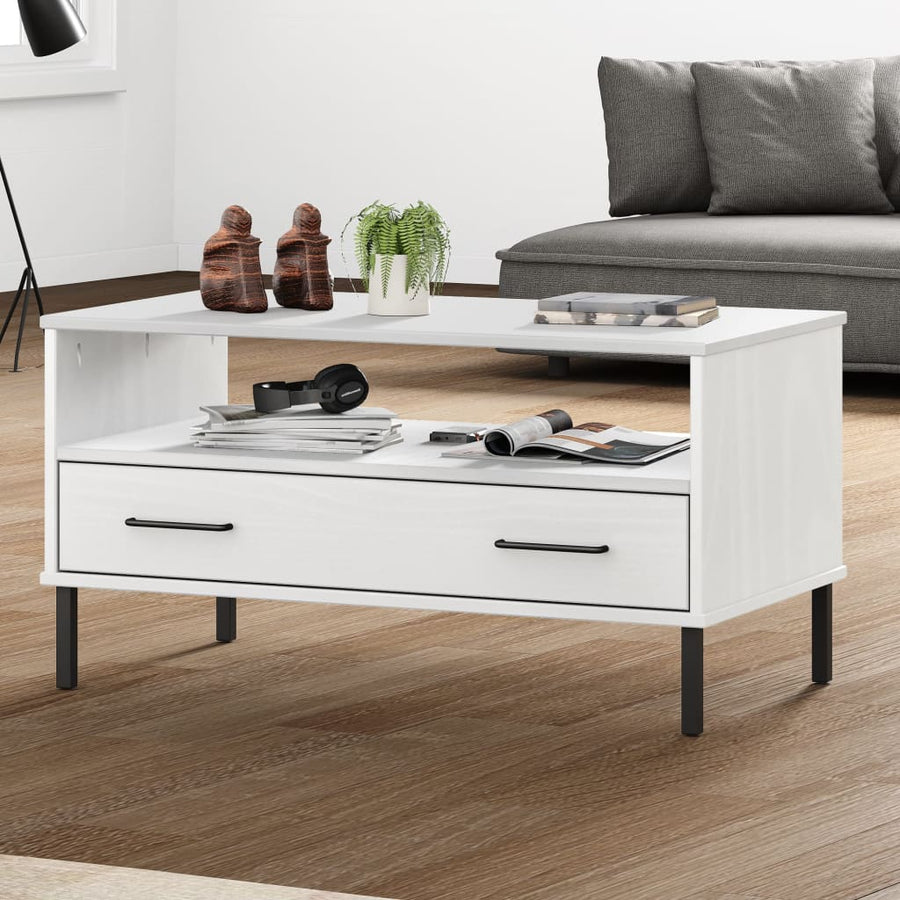 Salontafel Met Metalen Poten Oslo 85X50X45 Cm Masssief Hout Wit
