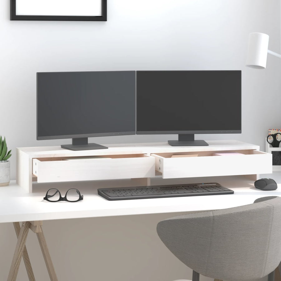 Monitorstandaard Massief Grenenhout 100 x 27 x 15 cm Wit