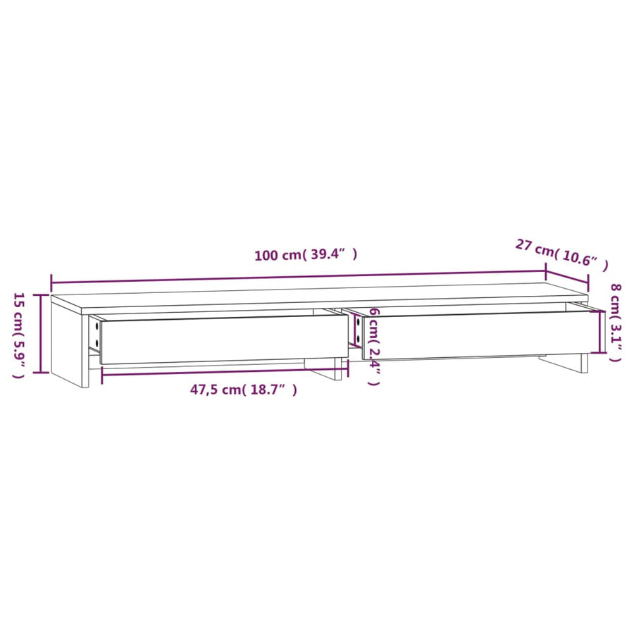 Monitorstandaard Massief Grenenhout 100 x 27 x 15 cm Wit