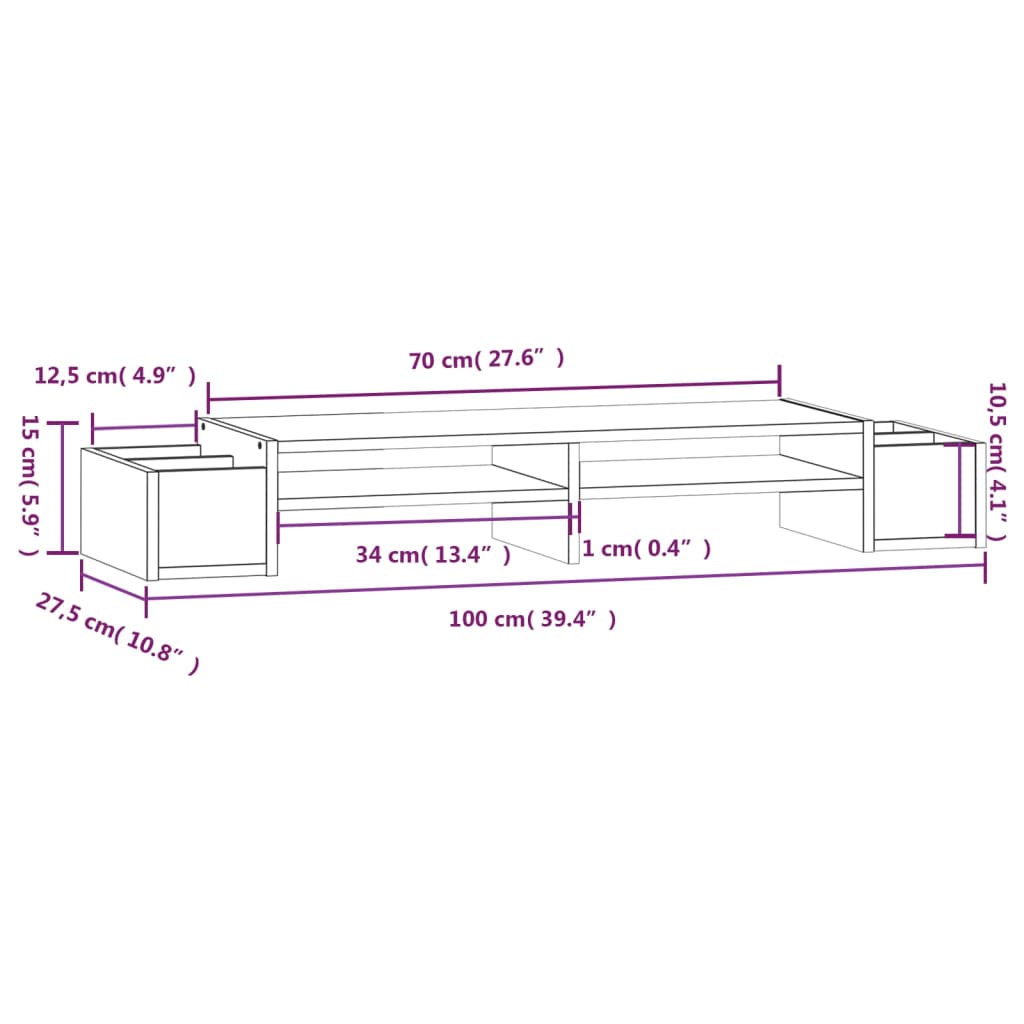 Monitorstandaard 100x27,5x15 cm massief grenenhout grijs 100 x 27.5 x 15 cm Grijs