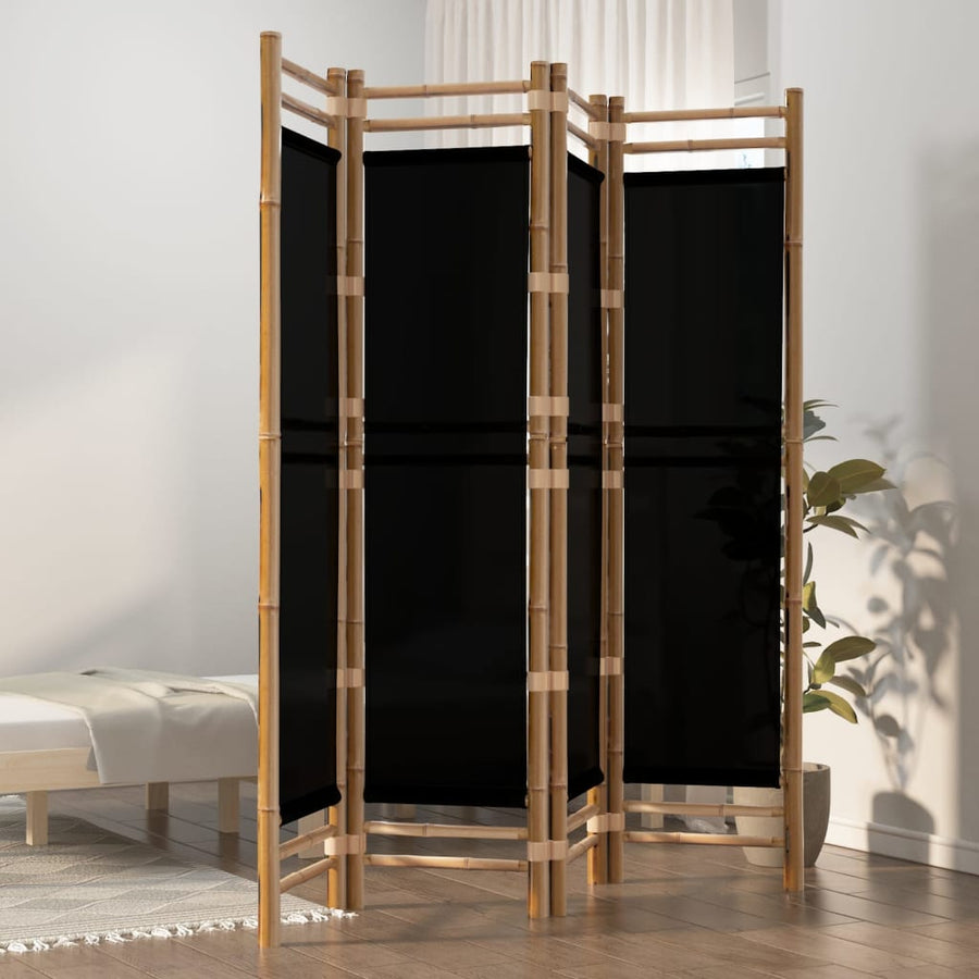 Kamerscherm 4-Panelen Inklapbaar 60 Cm Bamboe En Canvas 160 x 180 cm Zwart