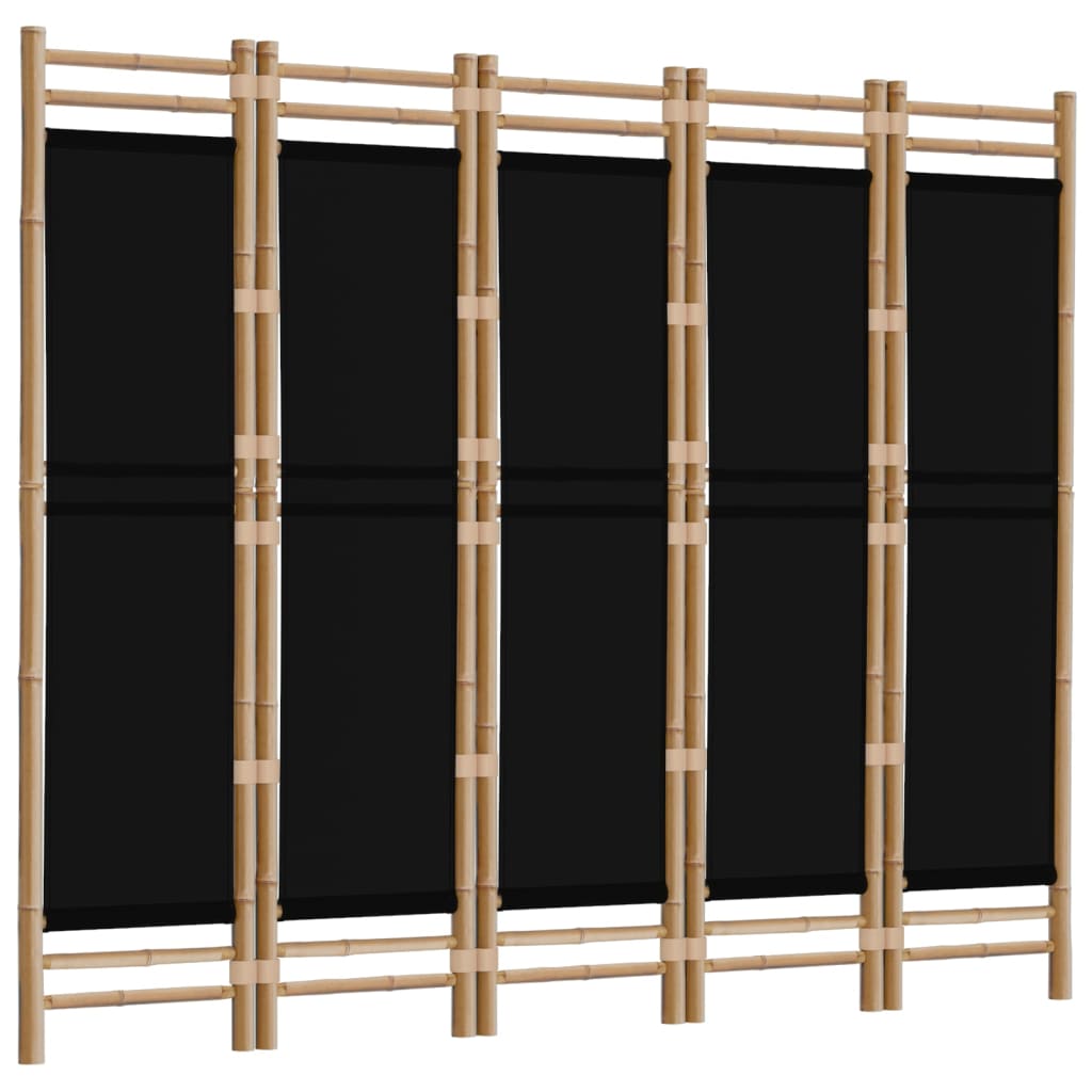 Kamerscherm 5-Panelen Inklapbaar 200 Cm Bamboe En Canvas 200 x 180 cm Zwart