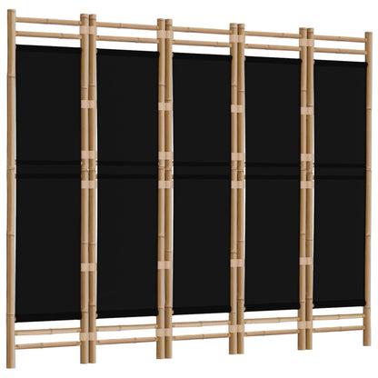 Kamerscherm 5-Panelen Inklapbaar 200 Cm Bamboe En Canvas 200 x 180 cm Zwart