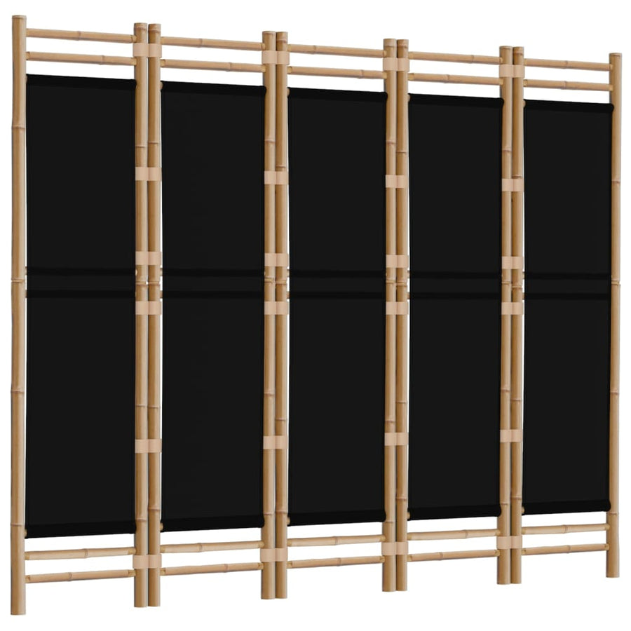 Kamerscherm 5-Panelen Inklapbaar 200 Cm Bamboe En Canvas 200 x 180 cm Zwart