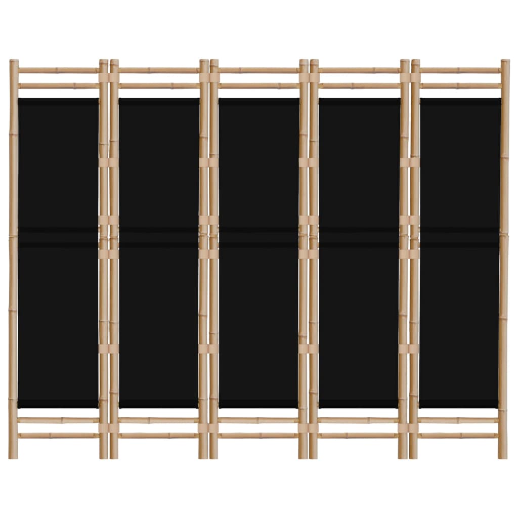 Kamerscherm 5-Panelen Inklapbaar 200 Cm Bamboe En Canvas 200 x 180 cm Zwart