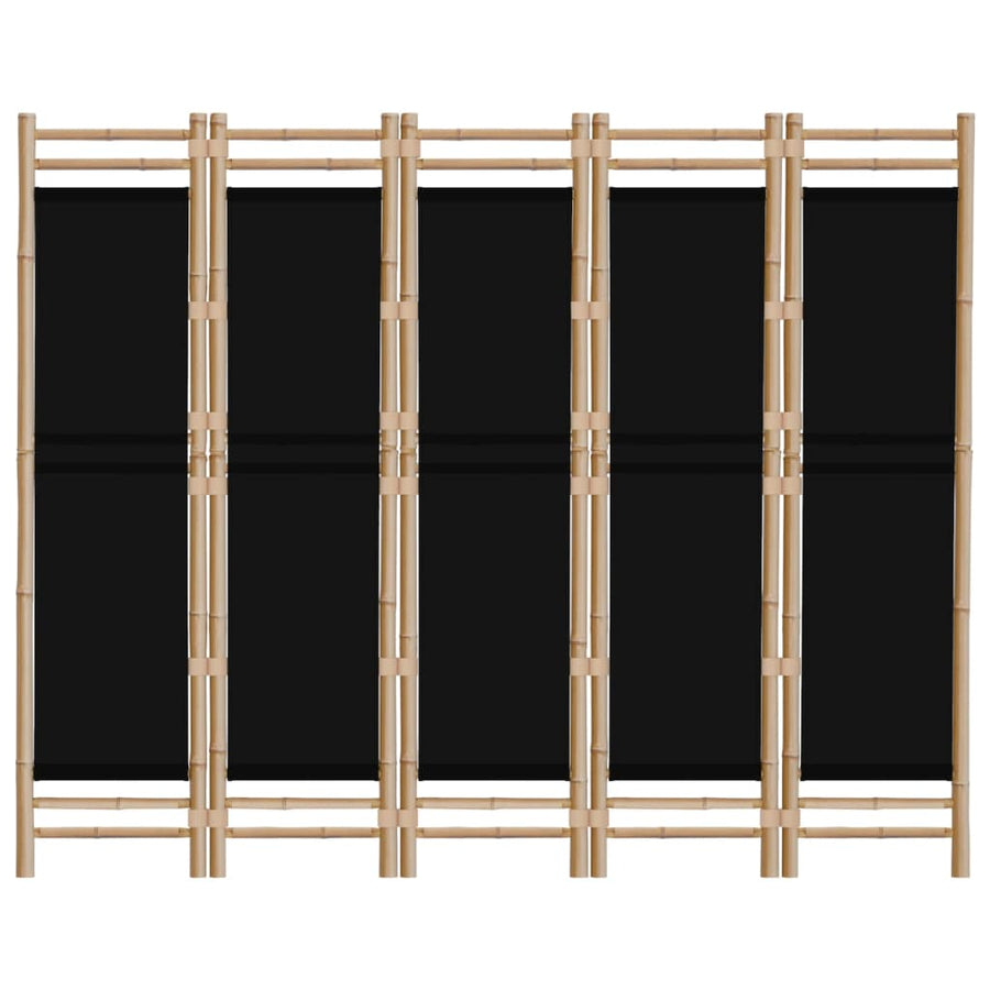 Kamerscherm 5-Panelen Inklapbaar 200 Cm Bamboe En Canvas 200 x 180 cm Zwart