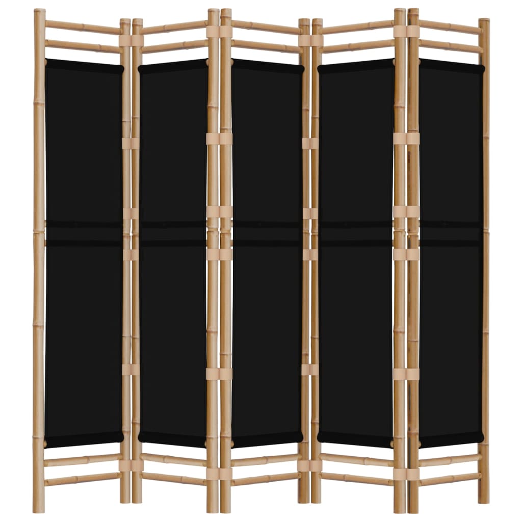 Kamerscherm 5-Panelen Inklapbaar 200 Cm Bamboe En Canvas 200 x 180 cm Zwart