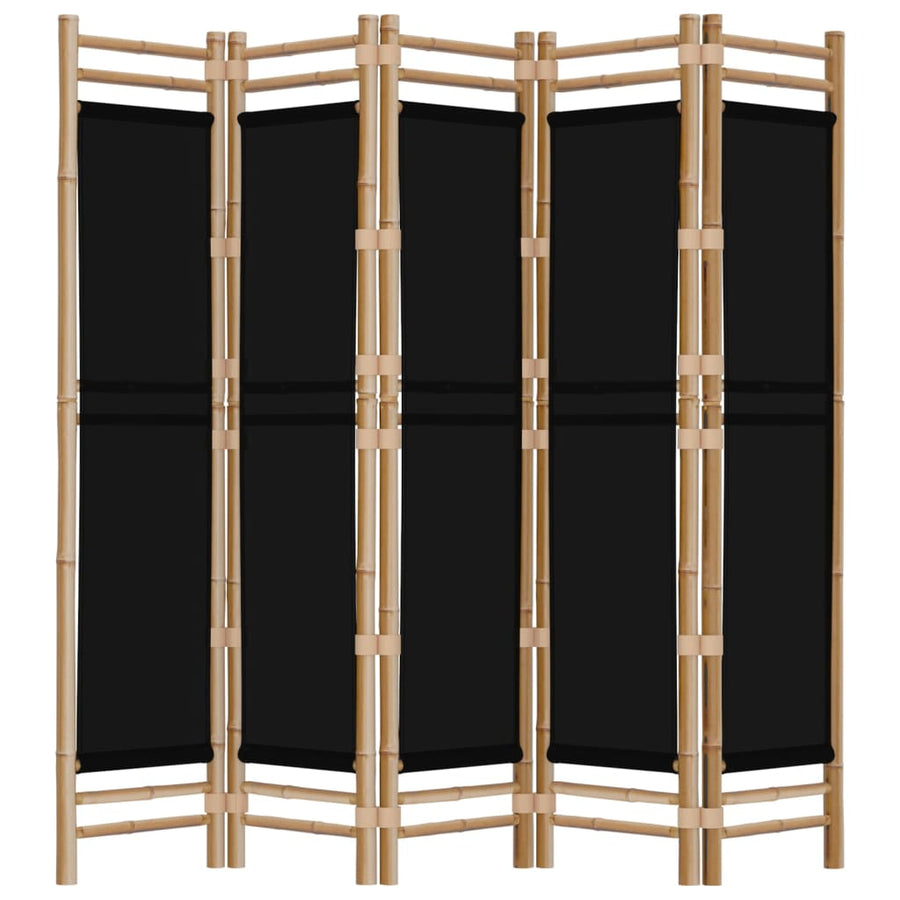 Kamerscherm 5-Panelen Inklapbaar 200 Cm Bamboe En Canvas 200 x 180 cm Zwart