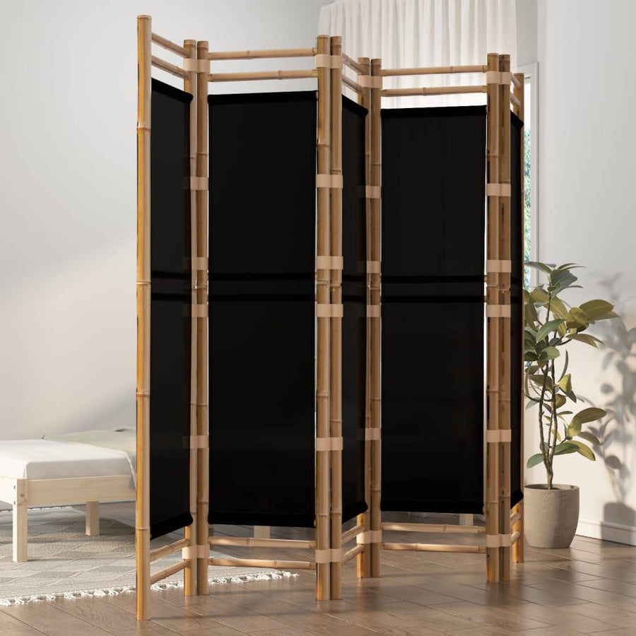 Kamerscherm 5-Panelen Inklapbaar 200 Cm Bamboe En Canvas 200 x 180 cm Zwart