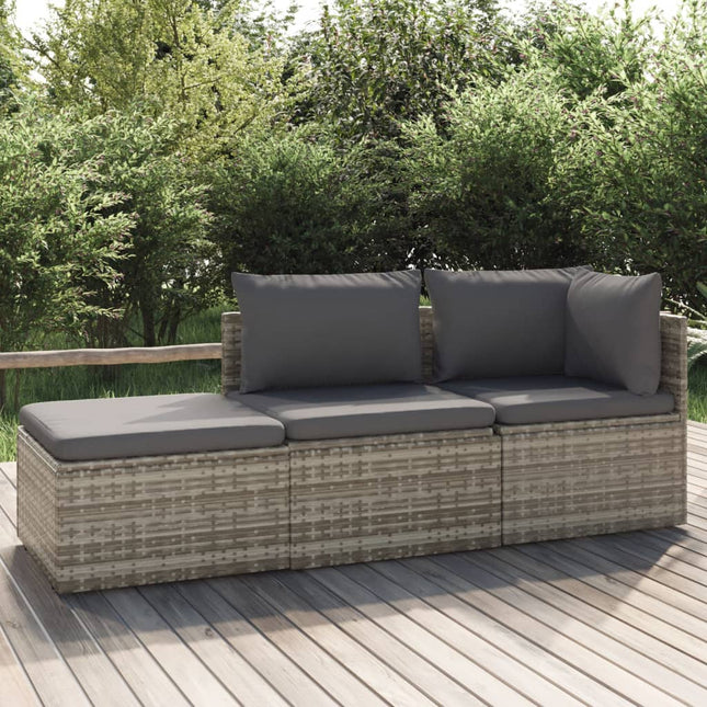 3-Delige Loungeset Met Kussens Poly Rattan Grijs hoek + midden + voetensteun