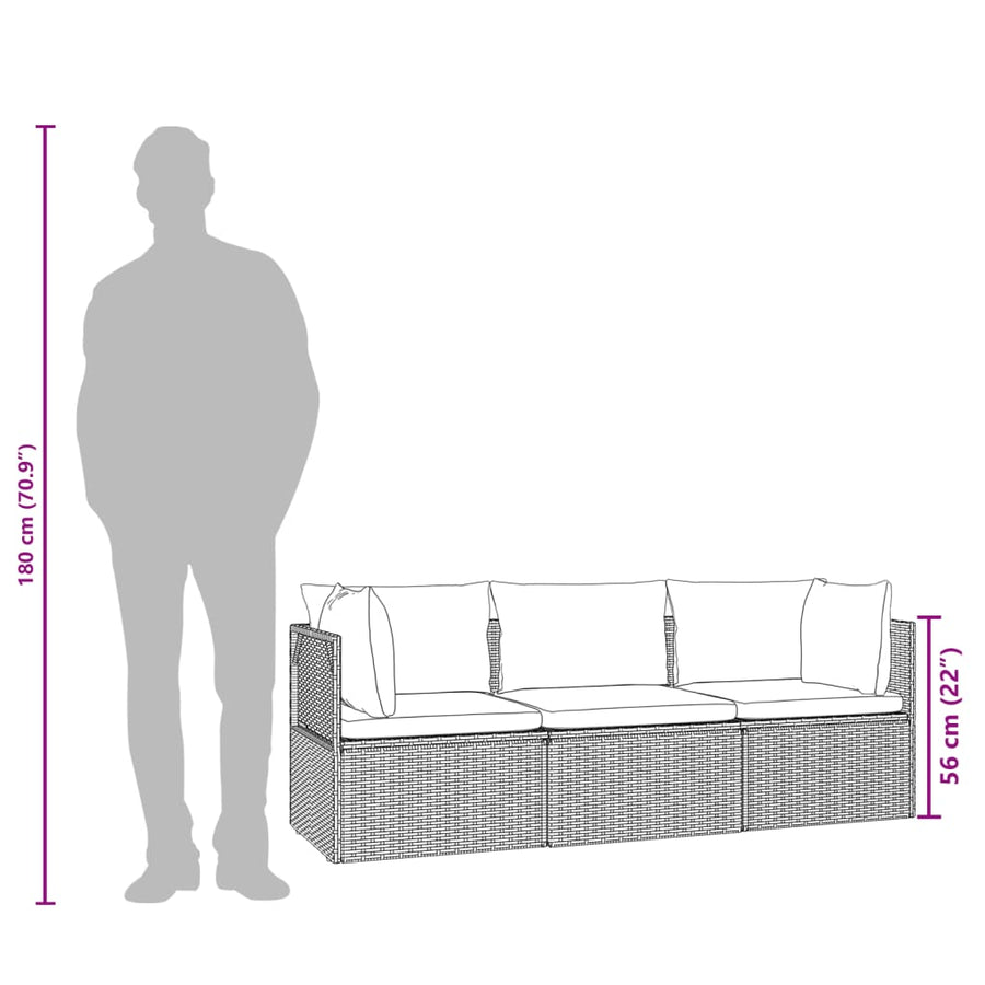 3-delige Loungeset met kussens poly rattan grijs