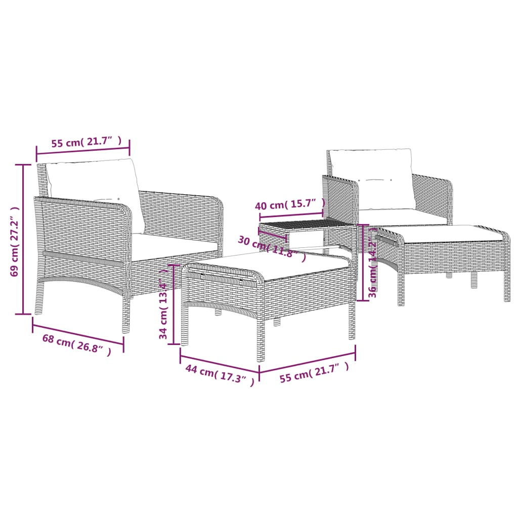 5-Delige Loungeset Met Kussens Poly Rattan Bruin