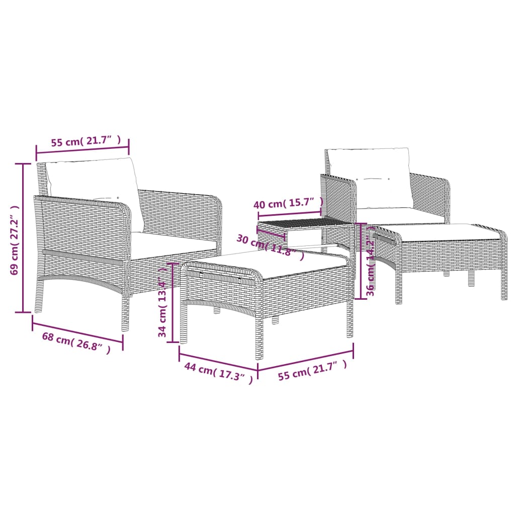 5-Delige Loungeset Met Kussens Poly Rattan Zwart