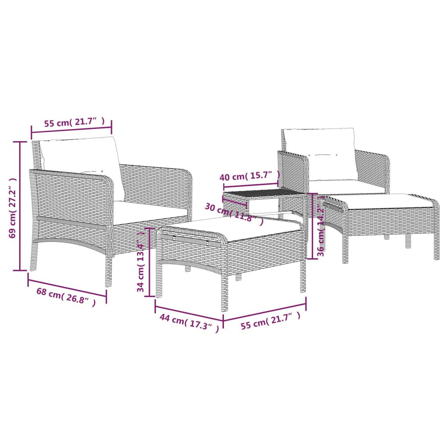 5-Delige Loungeset Met Kussens Poly Rattan Zwart
