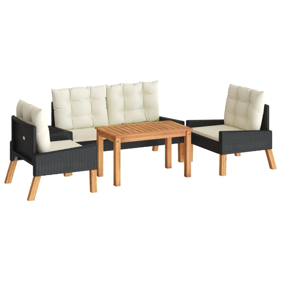 4-delige Loungeset met kussens poly rattan en massief hout