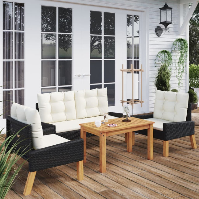 4-delige Loungeset met kussens poly rattan en massief hout