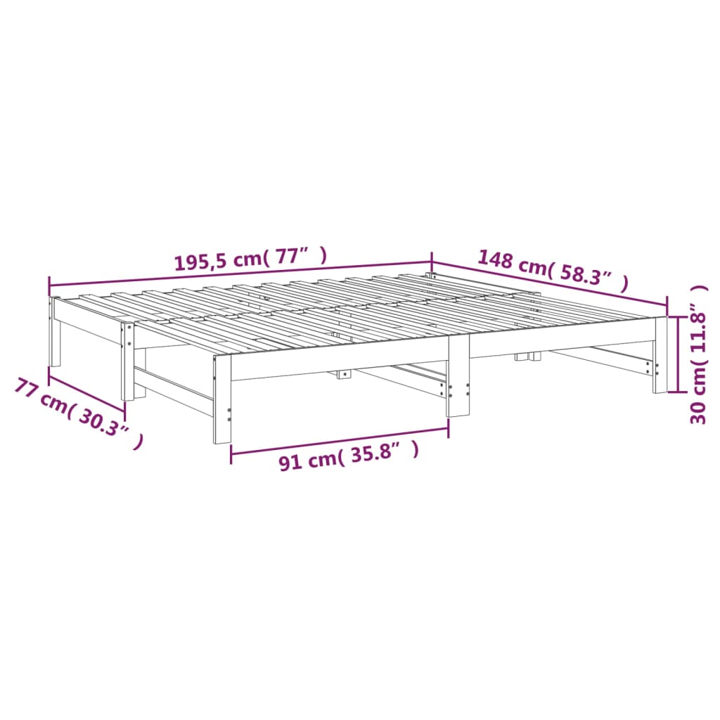 Slaapbank Uitschuifbaar Massief Grenenhout 2X(75X190) Cm 195.5 x 148 x 30 cm Wit