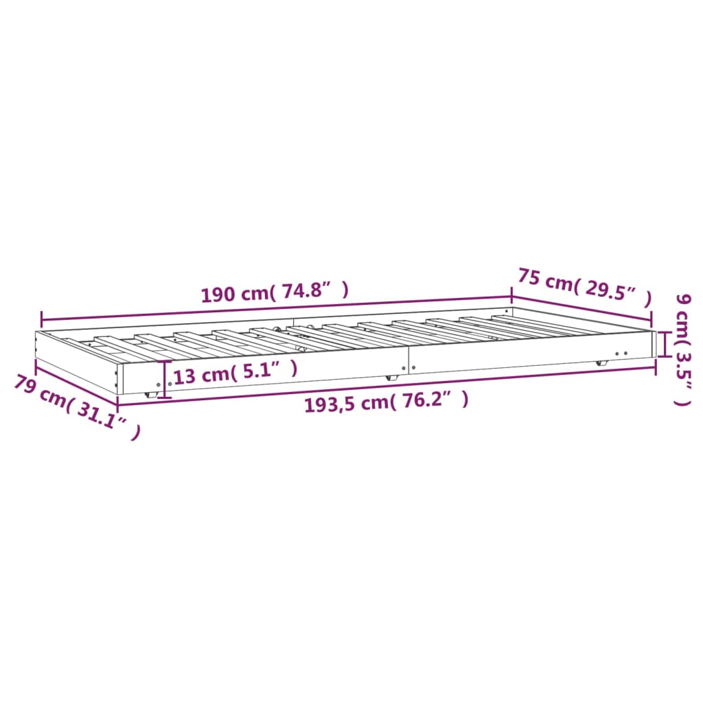 Bedframe massief grenenhout wit 75x190 cm 75 x 190 cm Wit